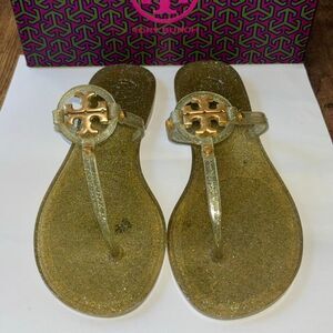 Tory Burch Mini Miller sandal flip flop Green/gold glitter jelly worn 1x box Sz7